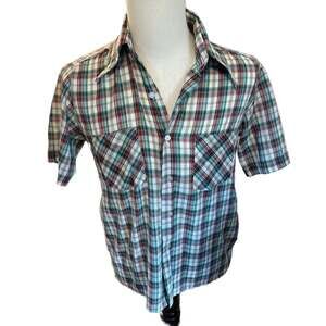 Vintage 1970s Van Cort Plaid Short Sleeve Western Style Button Down Shirt